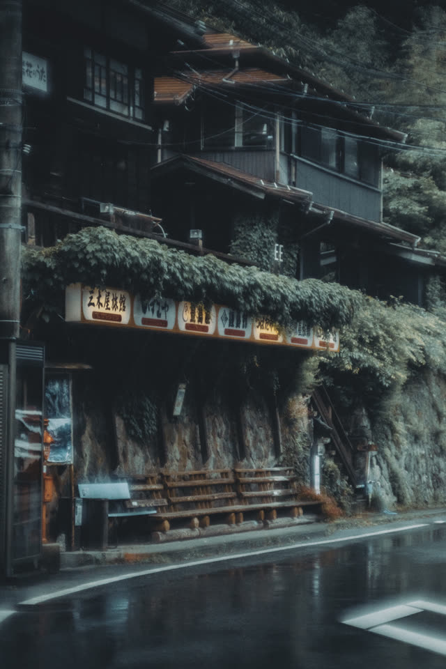 雨に濡れた坂の街並み。木造の建物が斜面に重なり、路面が光る